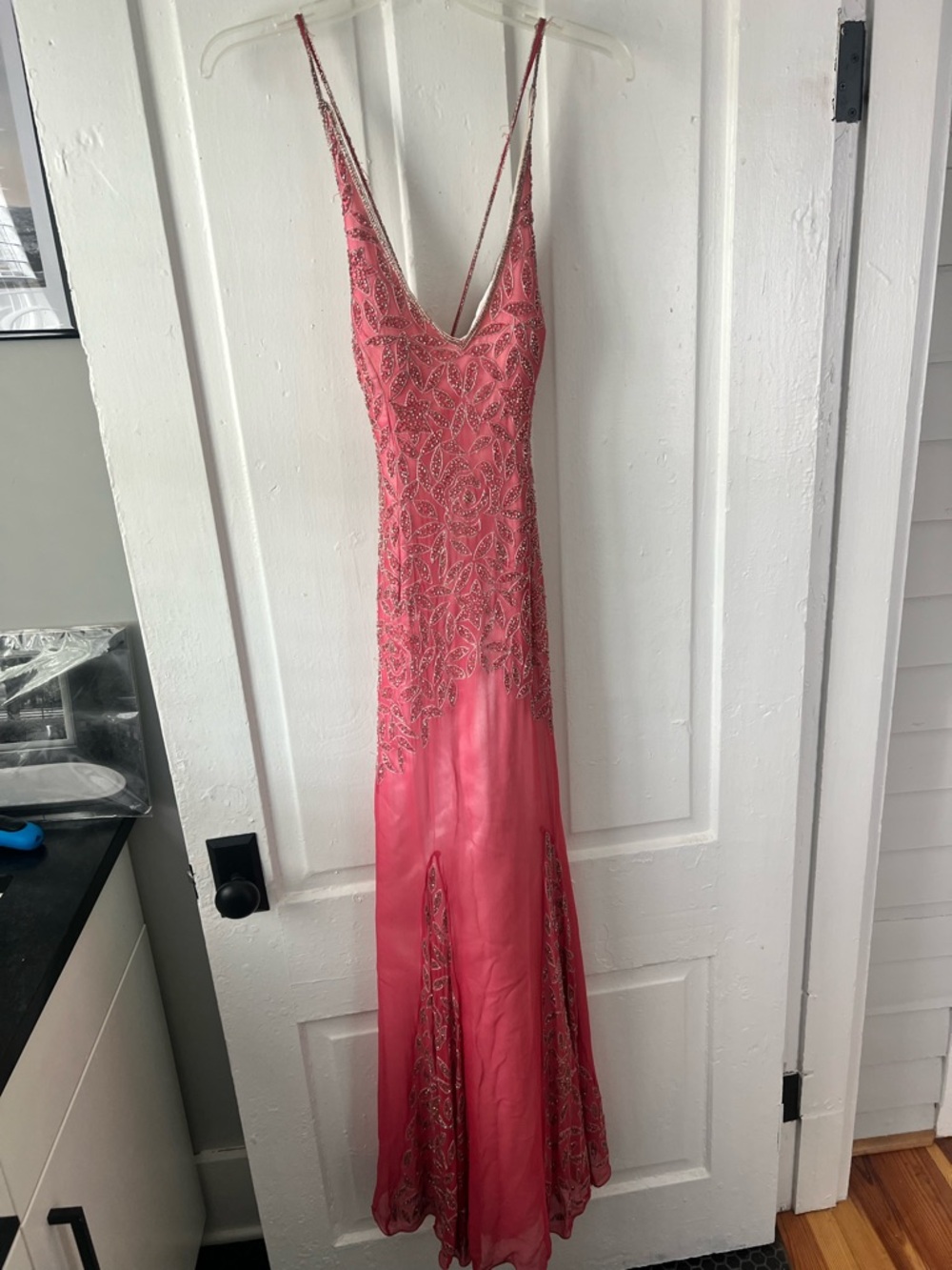 Pink Beaded Spaghetti-Strap Evening Gown